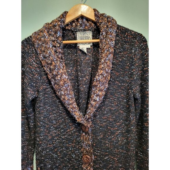 Curio Dark Multicolor Chunky Long Shawl Collar Cardigan Sweater Pockets Sz S - Picture 2 of 7